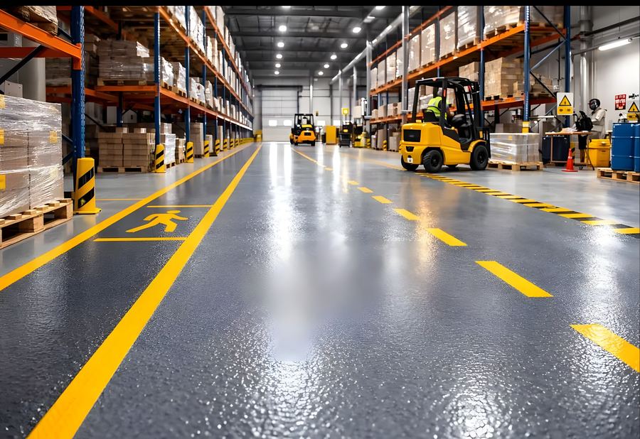 Depoda sarı forklift yolu çizgileri ve zemin işaretleme